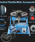 Compact Rotary Welding Positioner Turntable With 10kg Load Capacity And Stepless Speed Adjustment For Precision Seam Welding And Grinding Workflows Right Up Your Alley, showing 20W motor, speed knob, power indicators, and pedal.