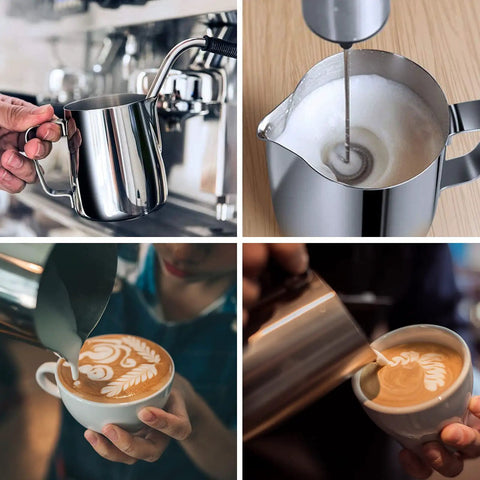 12oz Stainless Steel Milk Frothing Pitcher For Latte Art Pro Grade Barista Steam Pitcher With Inner Measurements Easy Pour Milk Jug And Decorating Pen Rustproof Dishwasher Safe Perfect For Cappuccino And Latte, shown in use.