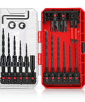 Hardcore 20 Piece Countersink Drill Bit Set With Tapered Bits in red and gray storage case for wood finishing and prep work.