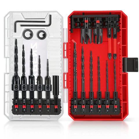 Hardcore 20 Piece Countersink Drill Bit Set With Tapered Bits in red and gray storage case for wood finishing and prep work.