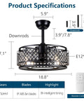 Crystal Caged Bladeless Ceiling Fan With Lights Dope Black Enclosed Chandelier Ceiling Fan With Remote Control Safe Eight Hidden ABS Blades In Cage Modern Fandelier For Bedroom Kitchen Indoor Outdoor shown with size specifications and remote.