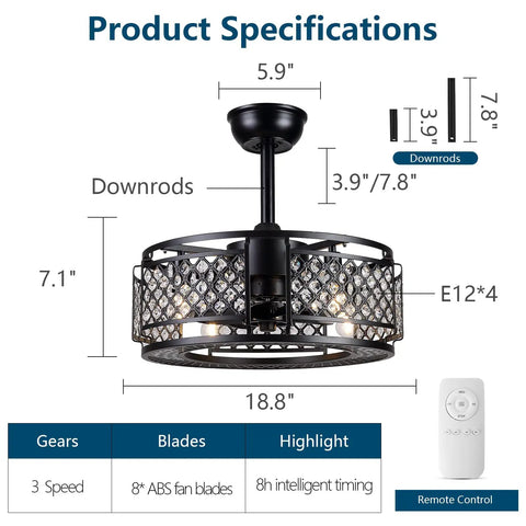 Crystal Caged Bladeless Ceiling Fan With Lights Dope Black Enclosed Chandelier Ceiling Fan With Remote Control Safe Eight Hidden ABS Blades In Cage Modern Fandelier For Bedroom Kitchen Indoor Outdoor shown with size specifications and remote.