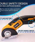 Sturasy Cordless Power Scissors With Safety Lock And Rechargeable Battery showing safety lock button and handle switch for safe operation.