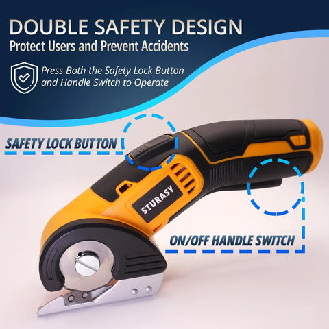 Sturasy Cordless Power Scissors With Safety Lock And Rechargeable Battery showing safety lock button and handle switch for safe operation.