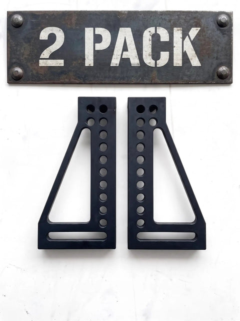 Built Tough 12 Inch Welding Clamping Square And Table Extension Kit Featuring Precision Machined 90 Degree Positioning Riser Blocks Compatible With Standard 5/8 Inch Modular Fixture Tables, two-pack of L-shaped fixtures.