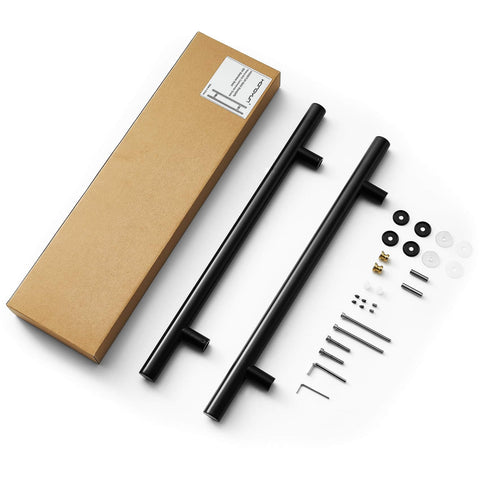 12-Inch Heavy-Duty 304 Stainless Steel Door Pull Handle For Interior And Exterior Use, Push Pull For Two-Side Glass And Barn Doors, Commercial Grade, Rust-Resistant, Black Finish shown with installation accessories and packaging.