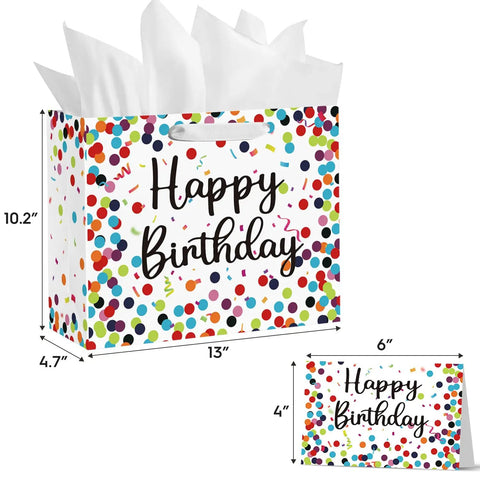 13 Inch Large Birthday Gift Bag With Tissue Paper And Card Happy Birthday Dots Streamers Gift Bag, Eco Friendly, Yellow
