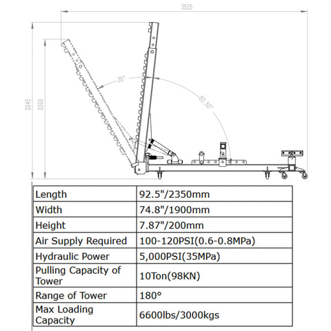 Technical diagram of Heavy Duty 10 Ton Auto Body Frame Straightener and Frame Puller with dimensions and specifications.