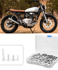 Sportbike Fairing Screw Kit 177 Piece Aluminum M5 M6 Set with M6 Washers in box beside motorcycle
