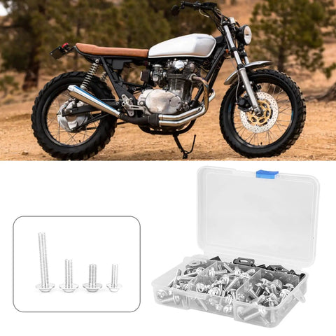 Sportbike Fairing Screw Kit 177 Piece Aluminum M5 M6 Set with M6 Washers in box beside motorcycle