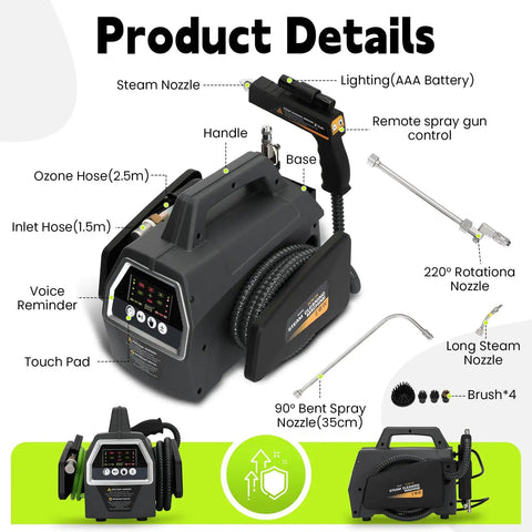 Diagram of 2200W High Pressure Steam Cleaner Portable Steamer with labeled parts including spray nozzle and control panel