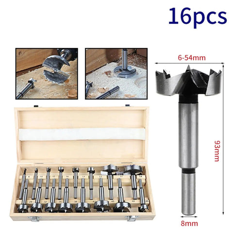 Sweet Setup 16 Piece Forstner Drill Bit Set Nailed It Precision Hole Cutters inside a durable timber case, sizes range 6-54mm.