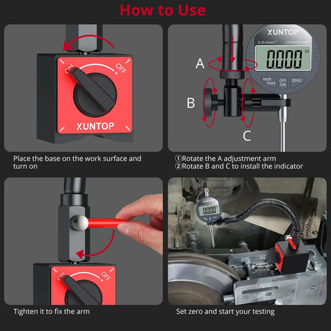 How to use Boss Level Digital Dial Indicator With Magnetic Base, 0 To 1 Inch Range, 0.0005 Inch Resolution guide images.