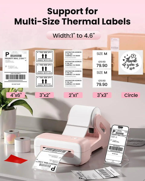 Pink Bluetooth Thermal Label Printer 4x6 For Small Business, Inkless Fast Printing For Amazon Shopify USPS FedEx on desk