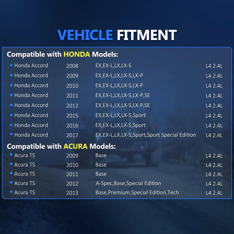 Vehicle fitment chart for Front CV Axle Pair For Honda Accord And Acura TSX FWD Shaft Assembly Left Right Auto Or Manual Trans 2 4L L4