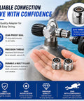 Two Pack Must Have Scuba Diving Tank Valve Adapter G Five Eighths To Five Sixteenths High Pressure Air Tank Regulator Adapter With O Ring Seal Anti Leak Stainless Steel Diving Accessory, showing connection and leak-proof seal features.