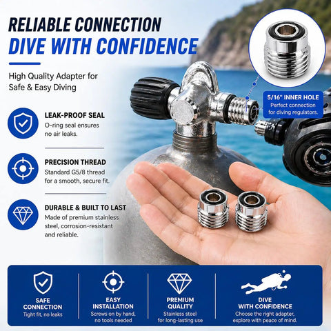 Two Pack Must Have Scuba Diving Tank Valve Adapter G Five Eighths To Five Sixteenths High Pressure Air Tank Regulator Adapter With O Ring Seal Anti Leak Stainless Steel Diving Accessory, showing connection and leak-proof seal features.