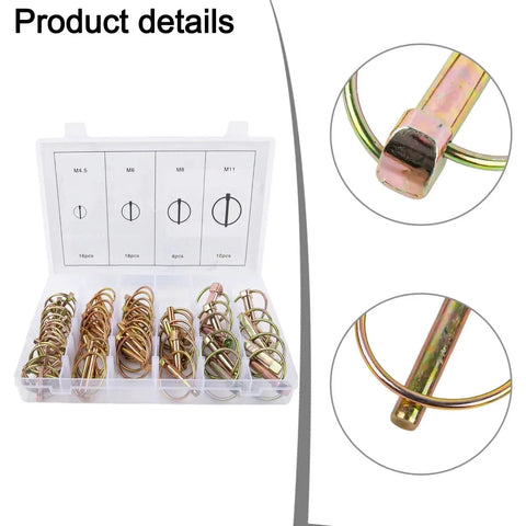 Heavy Duty Hitch Pin Set for Trailers and Tow Gear, Mower Safety Pins in organized storage case with detailed close-ups