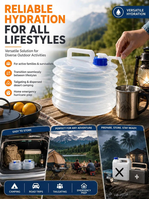 Collapsible Water Tank With Spigot For Camping And Road Trips, Accordion Style Storage Jug shown outdoors being used