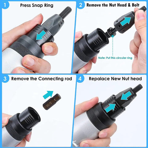 Hella Powerful 26V Cordless Rivet Gun With Automatic Riveting For M3 To M12 Stainless Steel And Aluminum Rivet Nut Tool showing assembly steps with hand operation.
