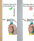 Comparison of a hammer and 100 Pieces Picture Hanging Nails Set 0.16 x 0.98 Inch with wood and concrete walls illustrating usage.