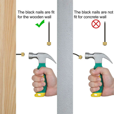 Comparison of a hammer and 100 Pieces Picture Hanging Nails Set 0.16 x 0.98 Inch with wood and concrete walls illustrating usage.