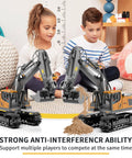 ID Gerilla RC excavator toy with metal shovel; two orange-gray excavator models on tracks in a playroom
