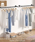 Built Like A Tank Wall Mounted Clothes Rack 3 Pack Black Industrial Pipe Garment Rail displaying garments with 132 lbs capacity.