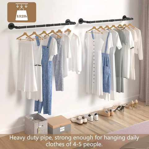 Built Like A Tank Wall Mounted Clothes Rack 3 Pack Black Industrial Pipe Garment Rail displaying garments with 132 lbs capacity.