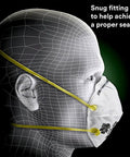 Side view of Small N95 Particulate Respirator Mask With Adjustable Nose Clip And Two Strap Design, fitting on a wireframe model face.