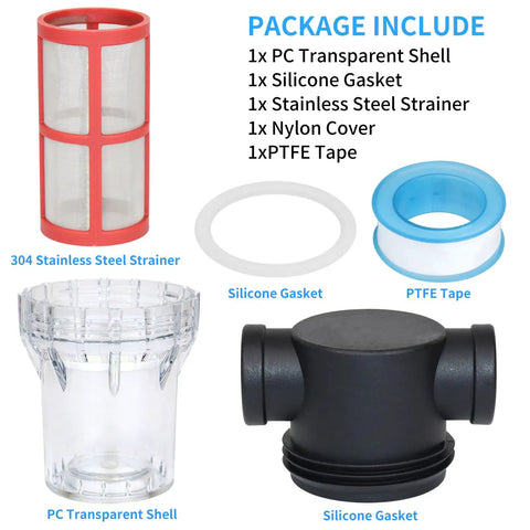 Half Inch Female Npt Inline Strainer Garden Hose Sediment Filter With 200 Mesh Stainless Steel Screen, includes strainer, gaskets, and tape.