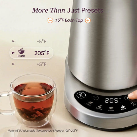 Fast Boiling 1.7L Electric Kettle With Plastic Free Interior And 5 Presets For Tea And Coffee shown with temperature control display.