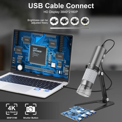 4K Wireless Digital Microscope With WiFi Camera, Hands Free Metal Stand, Live View Zoom In, High Detail Magnifier For iPhone Android And PC, All In One Tool For DIY Projects, Jewelry, Electronics, Education And Lab Work connected to laptop with LED ring