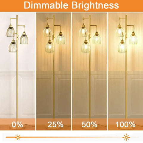 Dimmable Floor Lamp With Stepless Dimming From 0 To 100 Percent, Industrial Gold Tree Standing Lamp With 3 Teardrop Cage Heads And 800 Lumen LED Bulbs, The Go To Choice For Living Room, Bedroom, Office And Dining Room