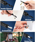 Collage showing 12 In 1 Tactical Pen Self Defense Multitool with bottle opener, wrench, screwdriver, and stylus pen functions.