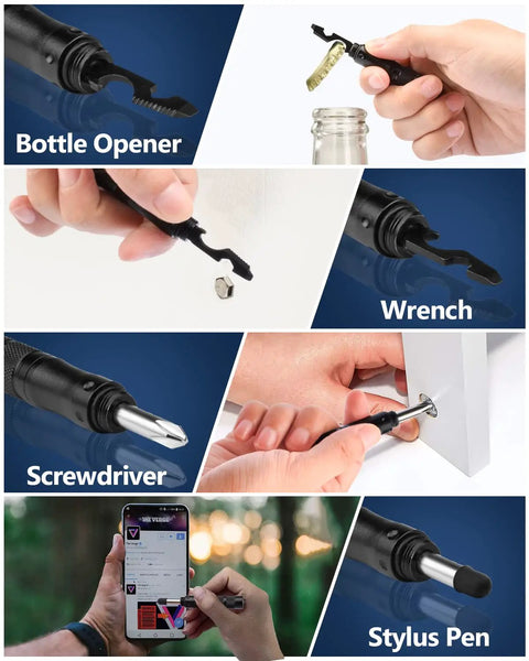 Collage showing 12 In 1 Tactical Pen Self Defense Multitool with bottle opener, wrench, screwdriver, and stylus pen functions.