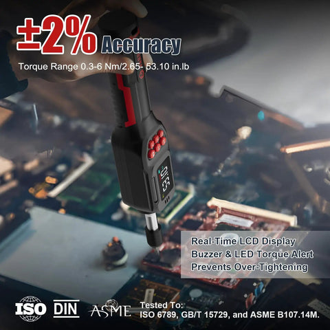 Digital Torque Screwdriver For Gunsmithing Quarter Inch Drive Pro Grade Precision With Inch Pounds From 2.65 To 53.10 And 0.3 To 6 Newton Meters Safety First Tool For Preventing Stripped Threads., digital torque screwdriver over circuit board, 1/4 drive, LCD display