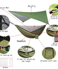 Oversized Waterproof Rain Fly Camping Hammock With Mosquito Net And Tree Straps Carabiners Poles And Gear For Backpacking Hiking And Backyard Use Army Green shown with components and features.