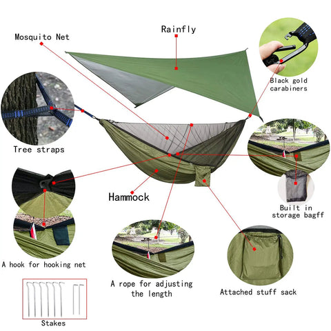 Oversized Waterproof Rain Fly Camping Hammock With Mosquito Net And Tree Straps Carabiners Poles And Gear For Backpacking Hiking And Backyard Use Army Green shown with components and features.
