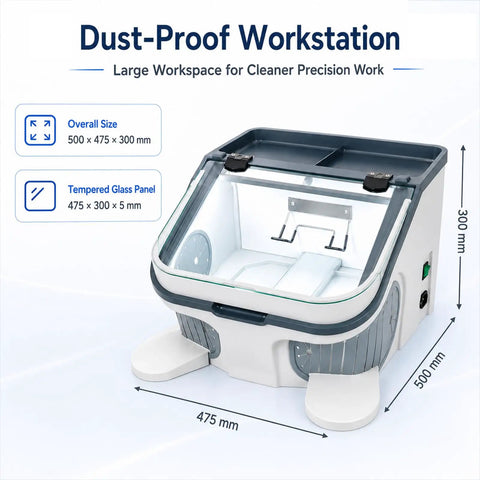 Zhenyuwang Desktop Dental Dust Collector with Bright 3 Sided Shadow Free Led Lights For Precision Work And Easy Tiered Cleanup System Perfect For Clean And Professional Oral Care Workspace Efficiency, dust-proof workstation with tempered glass panel and large workspace dimensions.