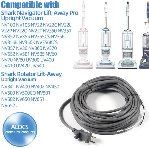 Power Cord Replacement For Navigator Lift-Away Pro And Rotator Series Vacuum Cleaners, Fits NV355 NV356 NV357, displayed with vacuums