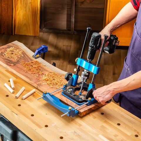 Edge Guide Drill Jig For Consistent Edge Distance Holes: Dog Holes, Shelf Pin Holes, And Shaker Pegs, Plastic With Structural Ribbing