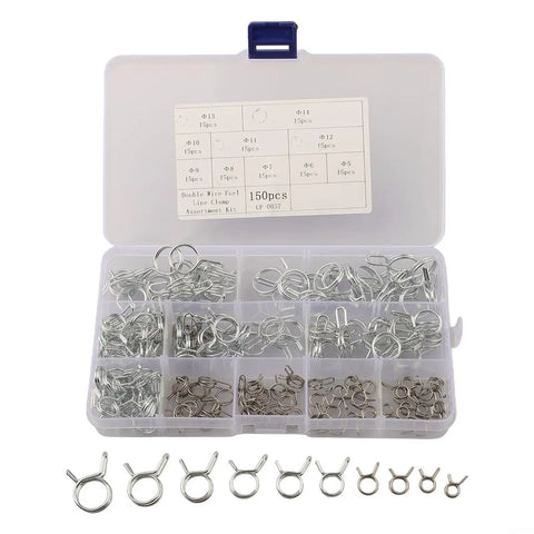 FABULETTA Double Wire Hose Clamp Kit 150 Pcs Stainless And Carbon Steel Spring Clips Assorted Sizes 5Mm To 14Mm Heavy Duty Plumbing Fixings For Pipes And Hoses That Will Hold Tight No Slipping And Durability in labeled storage case