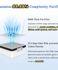 Pro Grade Solder Fume Extractor With 168 Cubic Meters Per Hour Powerful Suction Thick Pre Filter And H13 HEPA Filtration 99.99 Percent Fume Purification For Welding Soldering 3D Printing Black with diagram showing 9mm pre-filter and H13 HEPA with carbon layer capturing particles.