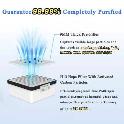 Pro Grade Solder Fume Extractor With 168 Cubic Meters Per Hour Powerful Suction Thick Pre Filter And H13 HEPA Filtration 99.99 Percent Fume Purification For Welding Soldering 3D Printing Black with diagram showing 9mm pre-filter and H13 HEPA with carbon layer capturing particles.