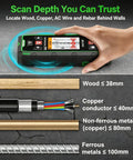 Image of Straight Up Heavy Duty Wall Scanner And Dead On Stud Finder With Built In 120 Meter Laser Tape Measure showing scan depth for wood and metal.