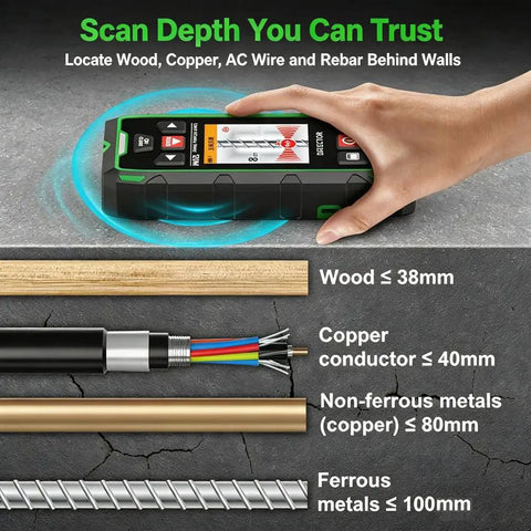 Image of Straight Up Heavy Duty Wall Scanner And Dead On Stud Finder With Built In 120 Meter Laser Tape Measure showing scan depth for wood and metal.