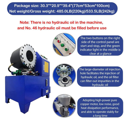 Heavy Duty Electric Hydraulic Hose Crimper Benchtop Workhorse with ten precision dies, showcasing control panel and oil injection features.