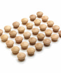 30 Pack Unfinished Solid Round Natural Wood Cabinet Knobs Do It Yourself Drawer Pulls For Dresser Wardrobe Cupboard And Furniture Drawers Ready To Stain Or Paint One And Three Eighths Inch Diameter neatly arranged in rows.