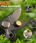 Close-up of 8.5 Inch Pruning Shears for easy cuts with ultra sharp SK5 steel titanium blade, cutting through a plant branch.